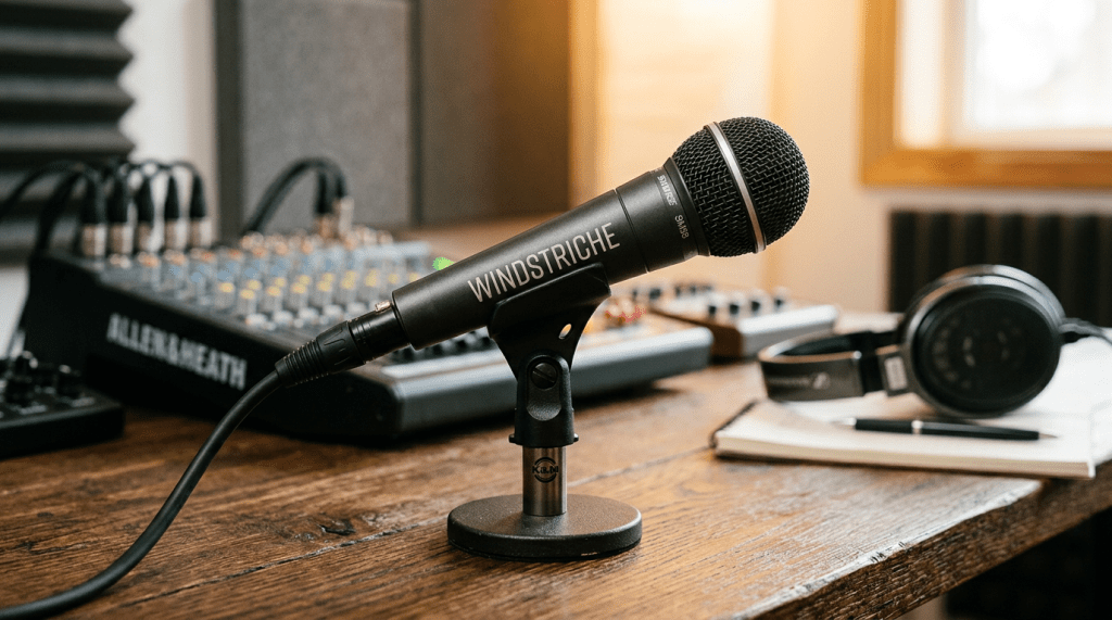 Microphone labeled WINDSTRICHE on stand next to audio mixing console with headphones and notebook